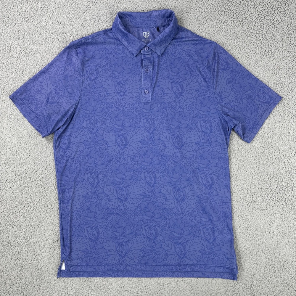 Graham‎ Luxe Floral AOP Golf Polo Shirt Men Large Blue Short Sleeve Performance